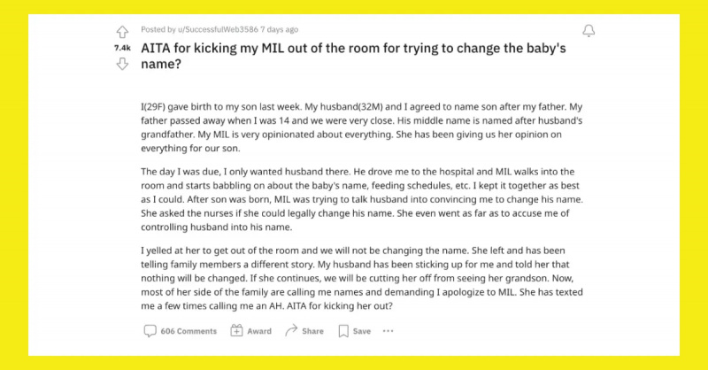 משתמש Reddit u/SuccessfulWeb3586 רוצה לדעת אם היא's an a------ for kicking her MIL out of a hospital room after she tried changing her baby's name.