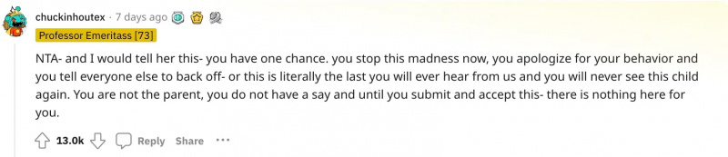 משתמש Reddit u/chuckinhoutex תקף את ה-OP's mother-in-law for overstepping and meddling in matters about her grandson.