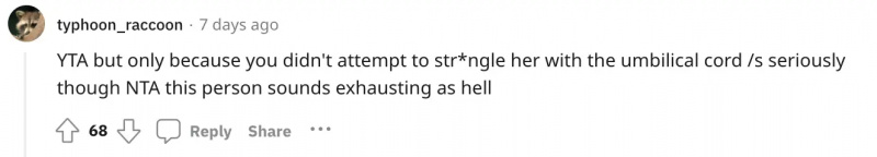 Redditor u/typhoon_raccoon אמר בצחוק, 'YTA אבל רק בגלל שעשית זאת't attempt to str*ngle her with the umbilical cord /s seriously though NTA this person sounds exhausting as hell."