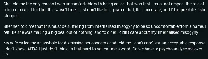 Táta nemá rád, když se mu říká manžel, manželka obviňuje Misogyny