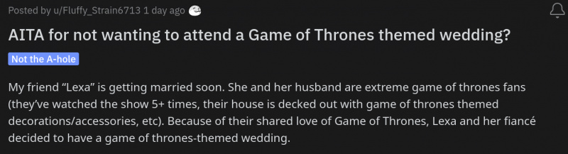 redditor game of thrones na may temang kasal