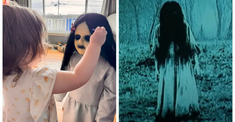 Een klein meisje doet het haar van haar griezelige poppen; scène uit'The Ring'