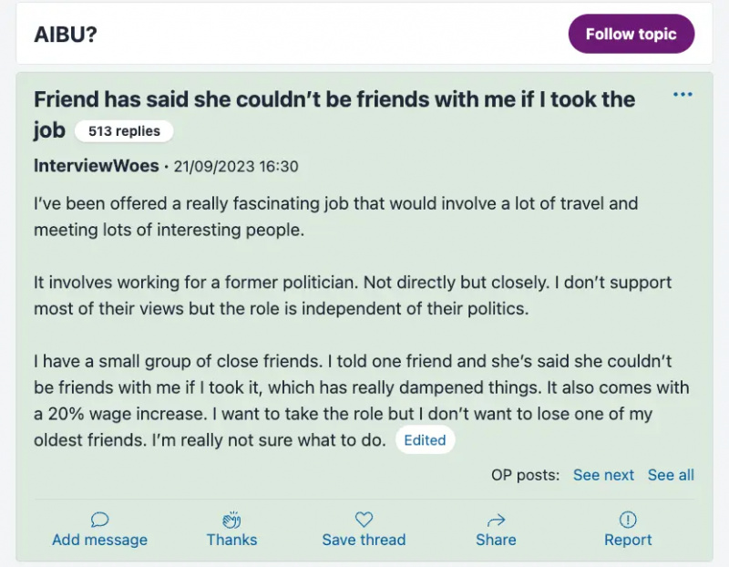 Forum Mumsnet Aibu - Une femme dit que son ami a gagné't accept her job