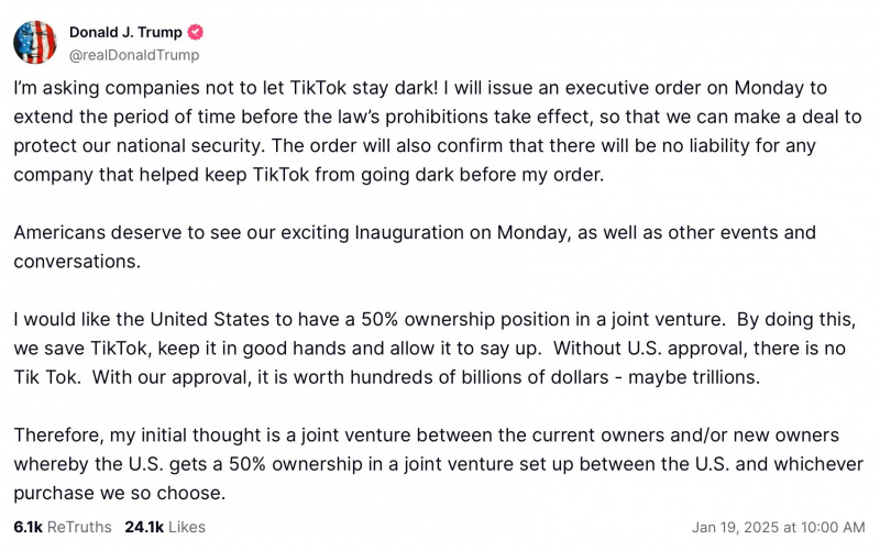 Donald Trump's post where he says he will issue an executive order to postpone TikTok ban.