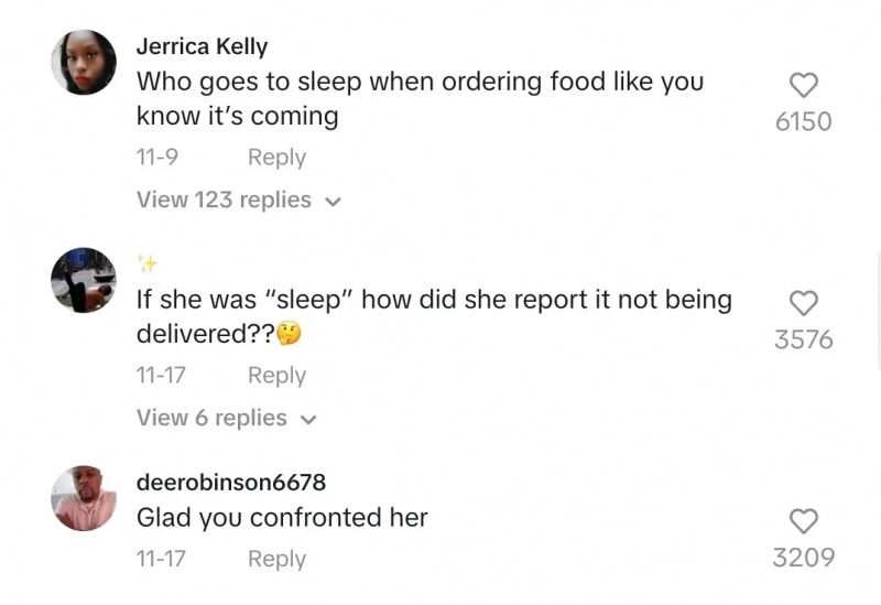 댓글 작성자는 DoorDash 고객이 실제로 자고 있었는지 질문합니다.