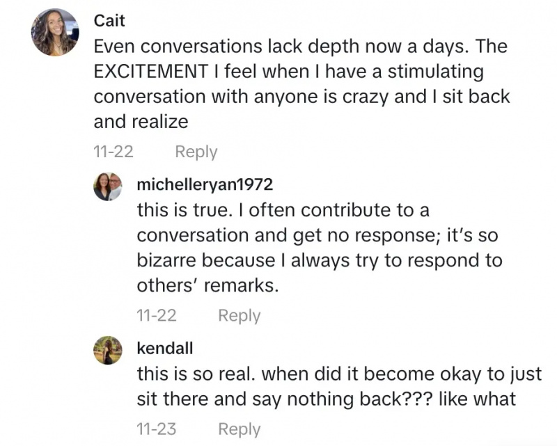 Um comentarista dizendo que as conversas não têm profundidade hoje em dia